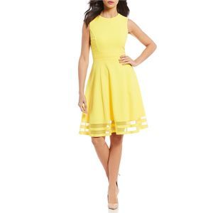 Calvin Klein yellow Crew Neck Sleeveless Sheer Illusion Hem Crepe Fit and Flare